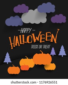 Vector 'Happy Haloween' lettering text. Papercut style.  Halloween greeting card in dark colors with clouds and pumpknins.