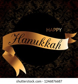 Vector Happy Hanukkah background with gold ribbon. Elegant greeting card.