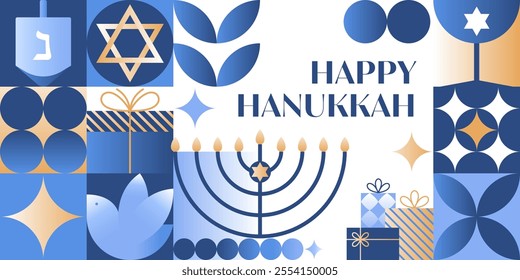 Vector Happy Hanukkah banner.Festive background with menorah,dove,dreidel,David star in blue,gold and white colors.Jewish festival of lights greeting template for prints,covers,invitations.