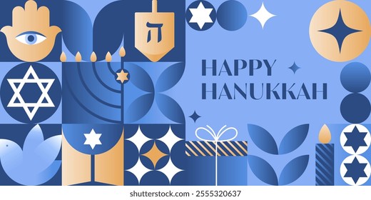 Vector Happy Hanukkah banner.Festive background with menorah,dove,dreidel,hamsa,David star in blue,gold and white colors.Jewish festival of lights greeting template for prints,covers,invitations.