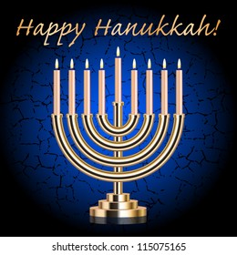 Vector "Happy Hanukkah!" blue wish card with Hanukkah Menorah