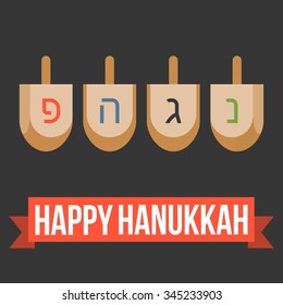 Vector happy hanukkah and dreidel, flat design