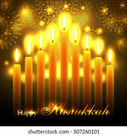 Vector Happy Hanukkah greeting card with candles on luminous background. Hanukkah nine candles with burning flames and text. Jewish Light Festival greeting card, wallpaper, backdrop, Hanukkah Chanukah