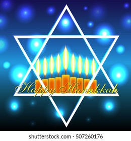 Vector Happy Hanukkah greeting card with candles on luminous background. Hanukkah nine candles with burning flames and text. Jewish Light Festival greeting card, wallpaper, backdrop, Hanukkah Chanukah