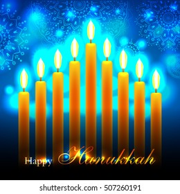 Vector Happy Hanukkah greeting card with candles on luminous background. Hanukkah nine candles with burning flames and text. Jewish Light Festival greeting card, wallpaper, backdrop, Hanukkah Chanukah