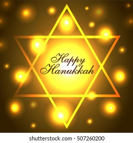 Vector Happy Hanukkah greeting card with candles on luminous background. Hanukkah nine candles with burning flames and text. Jewish Light Festival greeting card, wallpaper, backdrop, Hanukkah Chanukah