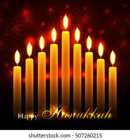 Vector Happy Hanukkah greeting card with candles on luminous background. Hanukkah nine candles with burning flames and text. Jewish Light Festival greeting card, wallpaper, backdrop, Hanukkah Chanukah