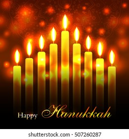 Vector Happy Hanukkah greeting card with candles on luminous background. Hanukkah nine candles with burning flames and text. Jewish Light Festival greeting card, wallpaper, backdrop, Hanukkah Chanukah