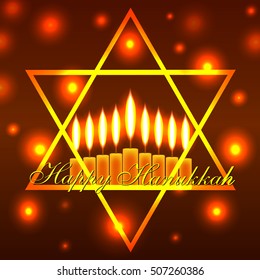 Vector Happy Hanukkah greeting card with candles on luminous background. Hanukkah nine candles with burning flames and text. Jewish Light Festival greeting card, wallpaper, backdrop, Hanukkah Chanukah