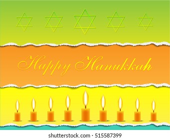 Vector Happy Hanukkah greeting card with candles on against the background of torn paper strips. Nine candles with burning flames. Jewish Light Festival greeting card, wallpaper, backdrop Chanukah.