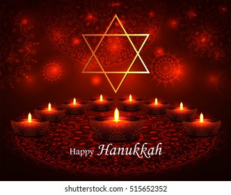 Vector Happy Hanukkah greeting card with candles on luminous background. Hanukkah nine candles with burning flames and text. Jewish Light Festival greeting card, wallpaper, backdrop, Hanukkah Chanukah