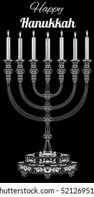 Vector Happy Hanukkah greeting card: white menorah with burning candles on black background.