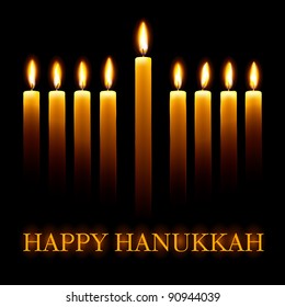 Vector Happy Hanukkah Grußkarte mit Kerzen auf schwarzem Hintergrund.