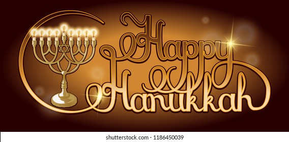 Vector Happy Hanukkah hand lettering. Festive poster, greeting card template with Menorah illustration.