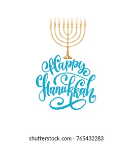 Vector Happy Hanukkah hand lettering. Festive poster, greeting card template with Menorah illustration.
