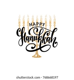 Vector Happy Hanukkah hand lettering. Festive poster, greeting card template with Menorah illustration.