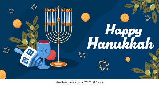 vector happy hanukkah horizontal banner illustration in flat style