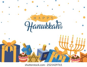 Vector feliz hanukkah ilustración de Anuncio Horizontal en estilo plano con regalos y decoración de velas