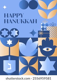 Vector Happy Hanukkah poster.Festive background with wine,dove,dreidel,hamsa,gifts,David star in blue,gold and white colors.Jewish festival of lights greeting template for prints,covers,invitations.