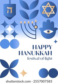 Vector Happy Hanukkah poster.Festive background with menorah,dreidel,hamsa,David star in blue,gold and white colors.Jewish festival of lights greeting template for prints,covers,invitations.