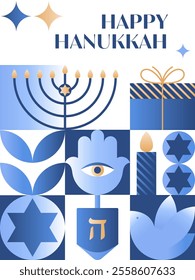 Vector Happy Hanukkah poster.Festive background with menorah,dove,dreidel,hamsa,gift,David star in blue,gold and white colors.Jewish festival of lights greeting template for prints,covers,invitations.