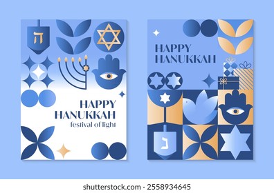 Vector Happy Hanukkah posters.Festive backgrounds with menorah,dove,wine,dreidel,hamsa,gifts,David star in blue,gold,colors.Jewish festival of lights greeting templates for prints,covers,invitations.