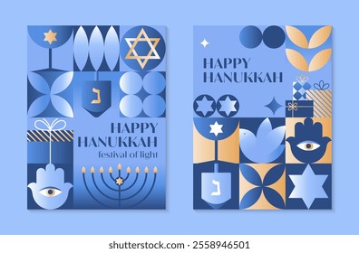 Vector Happy Hanukkah posters.Festive backgrounds with menorah,dove,dreidel,hamsa,gift,David star in blue,gold,white colors.Jewish festival of lights greeting templates for prints,covers,invitations.