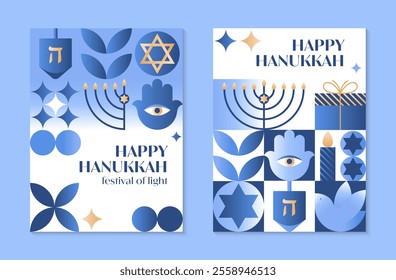 Vector Happy Hanukkah posters.Festive backgrounds with menorah,dove,dreidel,hamsa,gift,David star in blue,gold,white colors.Jewish festival of lights greeting templates for prints,covers,invitations.