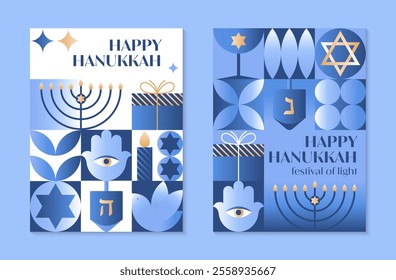 Vector Happy Hanukkah posters.Festive set with menorah,dove,wine,dreidel,hamsa,gift,David star in blue,gold,white colors.Jewish festival of lights greeting templates for prints,covers,invitations.