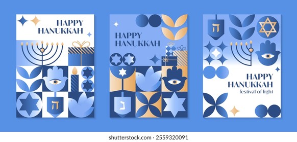 Vector Happy Hanukkah posters.Festive set with menorah,dove,dreidel,hamsa,gift,David star in blue,gold and white colors.Jewish festival of lights greeting templates for prints,covers,invitations.