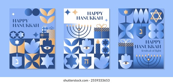 Vector Happy Hanukkah posters.Festive set with menorah,dove,dreidel,hamsa,gifts,David star in blue,gold and white colors.Jewish festival of lights greeting templates for prints,covers,invitations.