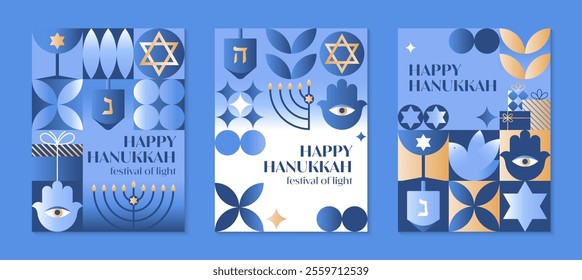 Vector Happy Hanukkah posters.Festive set with menorah,dove,dreidel,hamsa,gift,David star in blue,gold and white colors.Jewish festival of lights greeting templates for prints,covers,invitations.