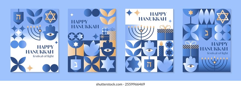 Vector Happy Hanukkah posters.Festive set with menorah,dove,dreidel,hamsa,gifts,David star in blue,gold and white colors.Jewish festival of lights greeting templates for prints,covers,invitations.