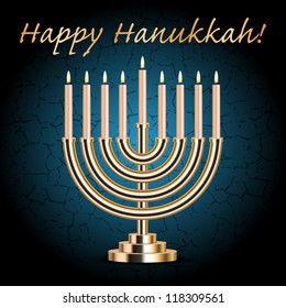 Vector "Happy Hanukkah!" turquoise wish card with Hanukkah Menorah