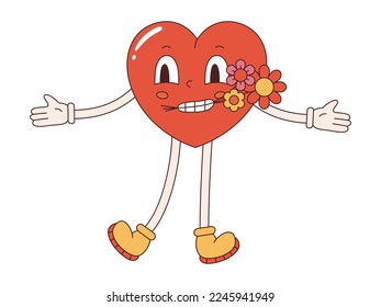 Vector happy heart shaped character with bouquet of flowers in mouth in retro style. Happy Valentines day. Love and romantic. Funny y2k vintage illustration in flat design.