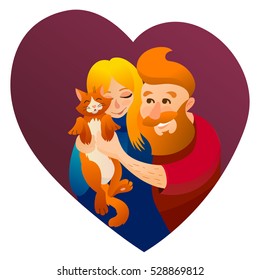 Vector happy hipster couple with cat 