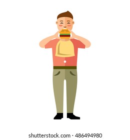 Vector Happy hipster man with hamburger. Flat style colorful Cartoon illustration.