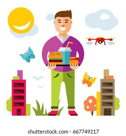 Vector Happy hipster man with hamburger, hot dog and drink. Flat style colorful Cartoon illustration.