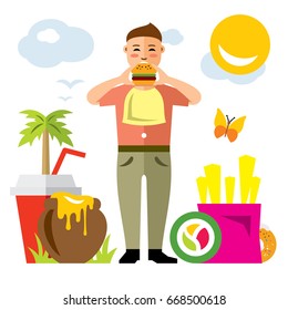 Vector Happy hipster man with hamburger. Flat style colorful Cartoon illustration.