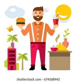 Vector Happy hipster man with hamburger and drink. Flat style colorful Cartoon illustration.