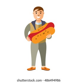 Vector Happy hipster man with hot dog. Flat style colorful Cartoon illustration.