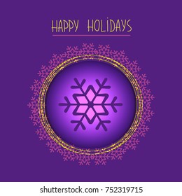 Vector happy holidays 3d design with christmas ball, snowflakes and handmade lettering on purple background
