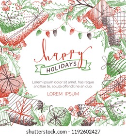 Vector happy holidays background. Sketch Merry Christmas objects with stipple texture. Mistletoe leaves and berries, gifts, garlands of colourful lamps. There is copyspace for your text in the center.
