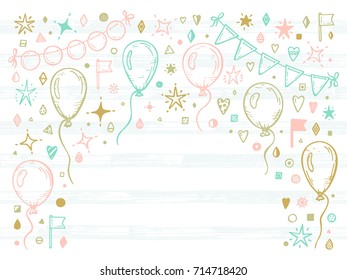 Vector Happy Holidays or Happy Birthday Greeting card Template. Hand Drawn Doodle Balloons, Buntings Flags, Confetti pieces, Stars. Festive Invitation Card
