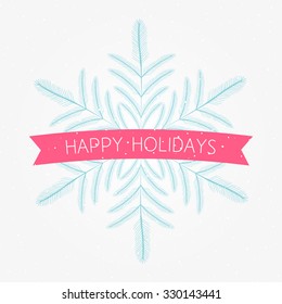 Vector Happy Holidays card with snowflake blue pine with berries