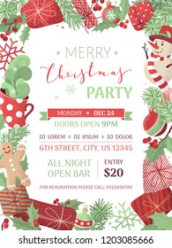 Vector happy holidays flat background. Hand-drawn grain texture. Snowman, gingerbread man, mistletoe berries and leaves, gifts, cup of hot cocoa, spruce branches with baubles. Christmas party template