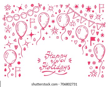 Vector Happy Holidays Greeting card Template. Hand Drawn Doodle Balloons, Buntings Flags, Confetti pieces, Stars. Festive Invitation Card Template