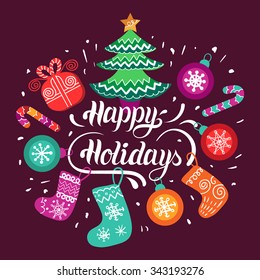 Vector Happy Holidays lettering design with festive New Year's elements. Christmas typography on bordo background for greeting card template or poster concept.