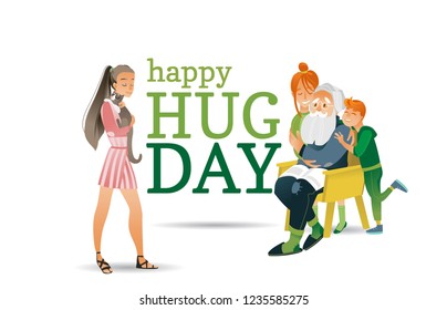 Vector happy hug day poster with cartoon family hugging . Adult young woman embracing cute cat pet, boyd kid and teen girl hug senior grey-haired bearded grandfather sitting at chair