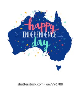 Vector Happy Independence Day of Australia card with firework. Lettering calligraphic design. Contour map of the country.